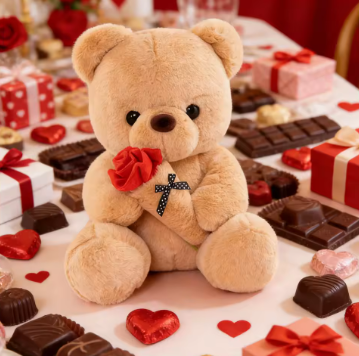 Cute Rose Bear Plush Toy Stuffed Animal Doll Romantic Gift for Girlfriend Valentines Day Birthday Anniversary Present